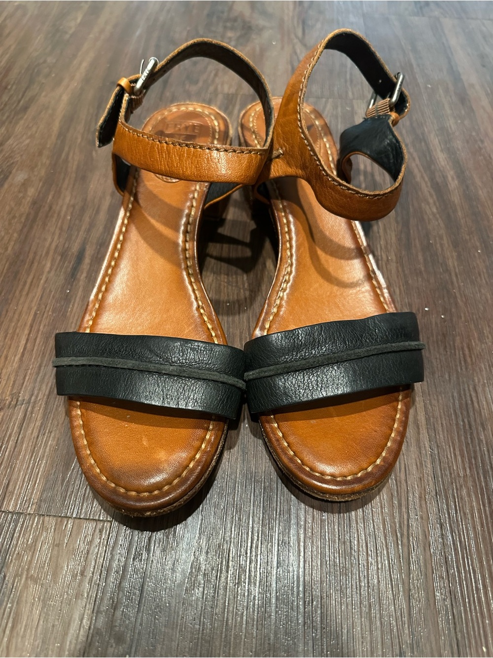 Frye Phillip Seam Women's Black and Brown Ankle-Strap Sandals